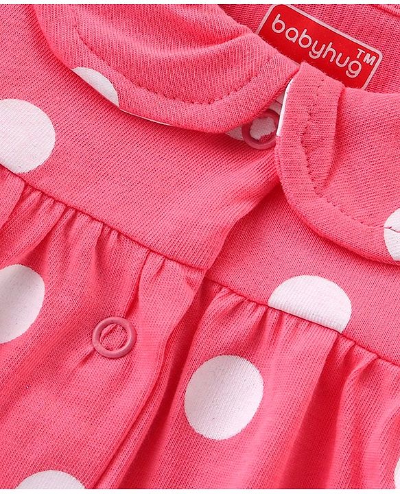 Babyhug Cotton Knit Frill Sleeves Peter Pan Collared Night Suit With Polka Dot Print Pack of 2- Pink & White