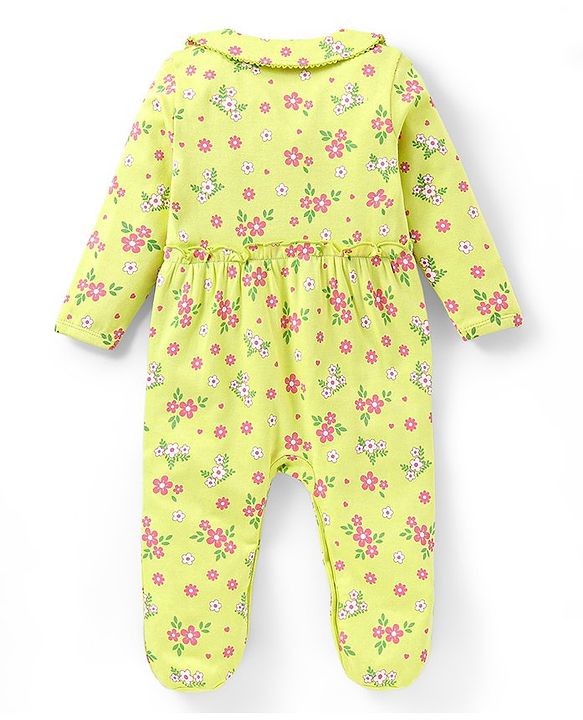 Babyhug Cotton Full Sleeves Sleepsuit With Floral Print - Green