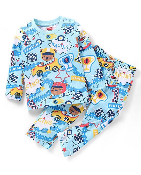 Babyhug Cotton Knit Full Sleeves Teddy Printed Night Suit - Blue