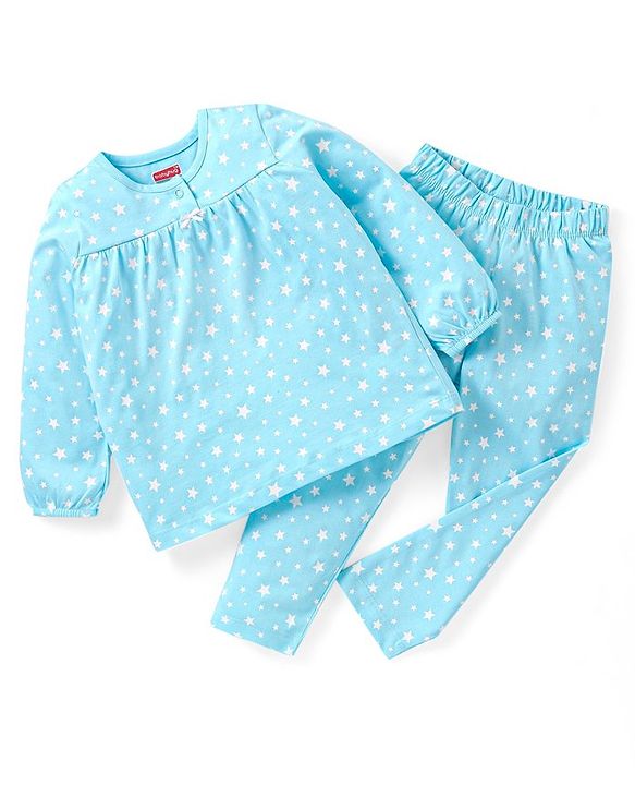 Babyhug Cotton Knit  Full Sleeves Night Suit  Star Print- Blue