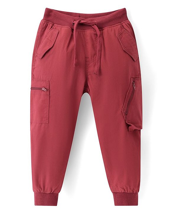 Babyhug Cotton Woven Full Length Stretchable Trouser with Cargo Pockets Solid Colour - Red