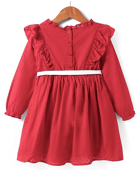 Babyhug Cotton Knit Full Sleeves Frock With Frill Detailing & Floral Embroidery -  Red