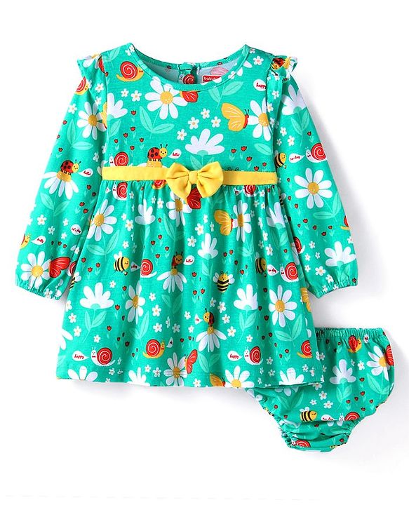 Babyhug Single Jersey Knit Full Sleeves Floral Printed Frock With Bloomer - Sea Green