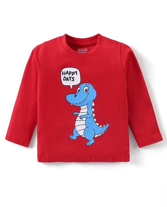 Babyhug Cotton Knit Full Sleeves T-Shirt with Dino Print - Red