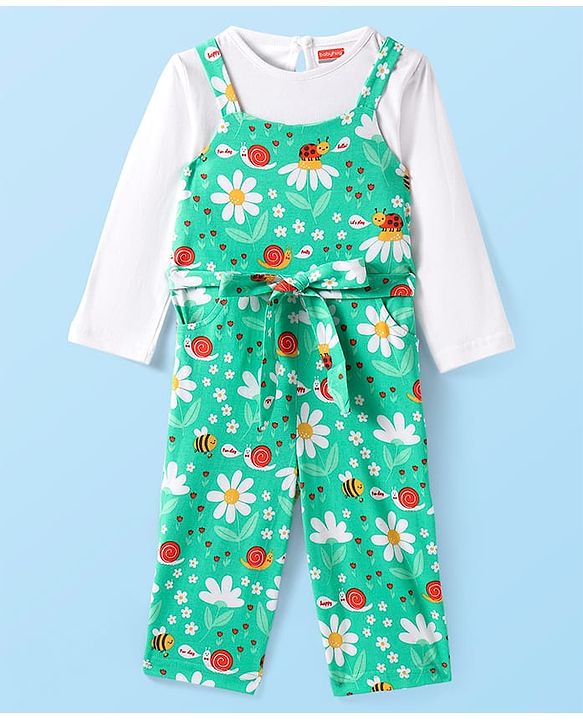 Babyhug Single Jersey Knit Jumpsuit & Full Sleeves T-Shirt With Floral Print - Green