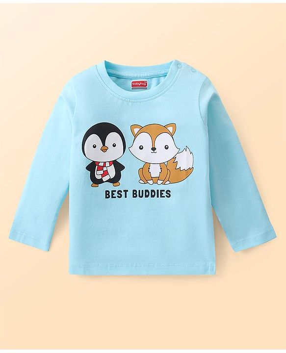 Babyhug Cotton Knit Full Sleeves Penguin Printed T-Shirt - Light Blue