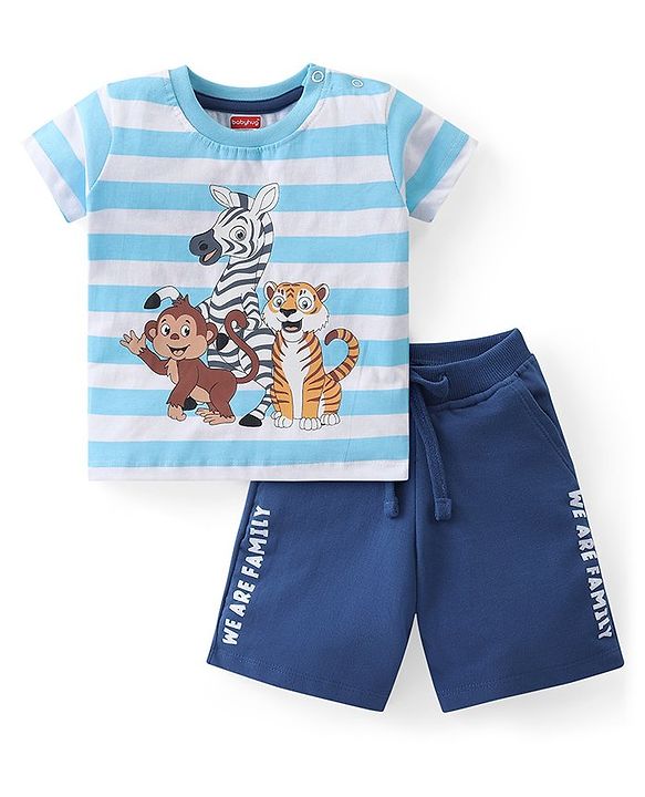 Babyhug Cotton Knit Half Sleeves Striped T-Shirt & Shorts Set With Animals Print - Blue