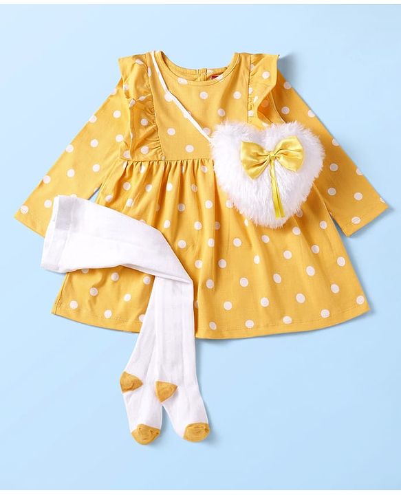 Babyhug Single Jersey Knit Full Sleeves Frocks With Stockings & Sling Bag Polka Dot Print - Mustard