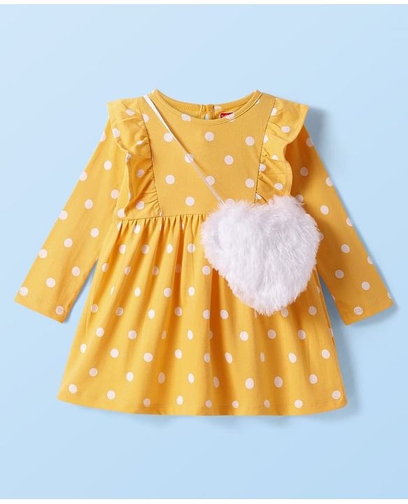 Babyhug Single Jersey Knit Full Sleeves Frocks With Stockings & Sling Bag Polka Dot Print - Mustard