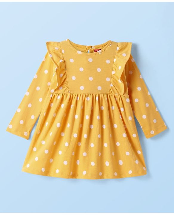 Babyhug Single Jersey Knit Full Sleeves Frocks With Stockings & Sling Bag Polka Dot Print - Mustard