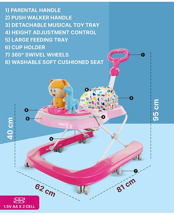 Babyhug Baby Walker with Parental Handle and Musical Toy Tray - Blue