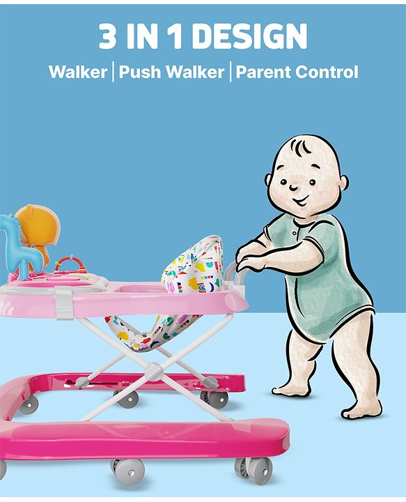 Babyhug Baby Walker with Parental Handle and Musical Toy Tray - Blue