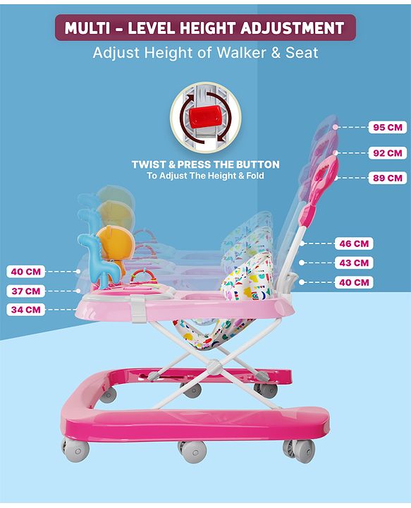 Babyhug Baby Walker with Parental Handle and Musical Toy Tray - Blue