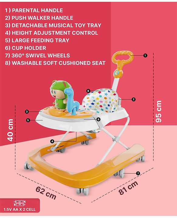 Babyhug Baby Walker with Parental Handle and Musical Toy Tray - Blue