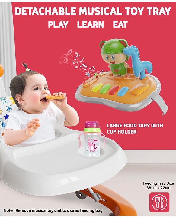 Babyhug Baby Walker with Parental Handle and Musical Toy Tray - Blue