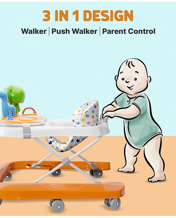 Babyhug Baby Walker with Parental Handle and Musical Toy Tray - Blue
