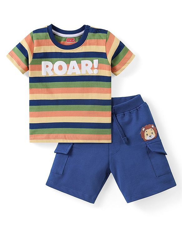 Babyhug Cotton Knit Half Sleeves Striped T-Shirt & Shorts Set With Text Print & Lion Patch - Multicolor
