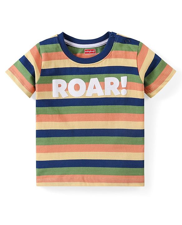 Babyhug Cotton Knit Half Sleeves Striped T-Shirt & Shorts Set With Text Print & Lion Patch - Multicolor