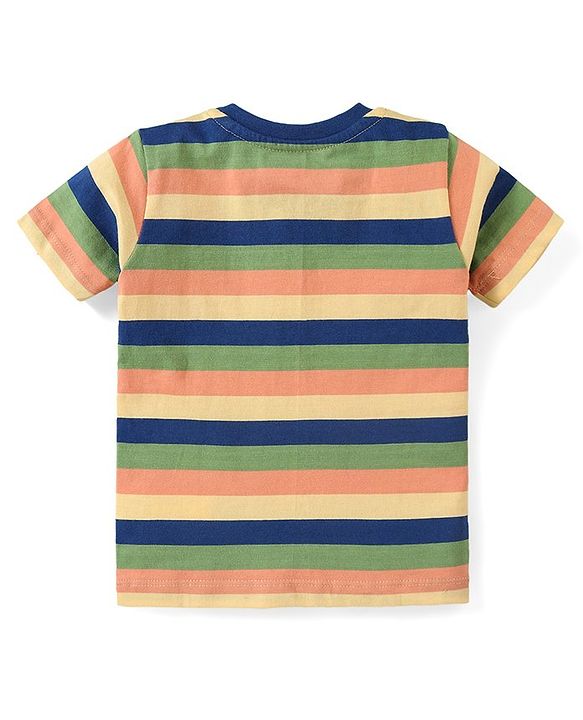Babyhug Cotton Knit Half Sleeves Striped T-Shirt & Shorts Set With Text Print & Lion Patch - Multicolor