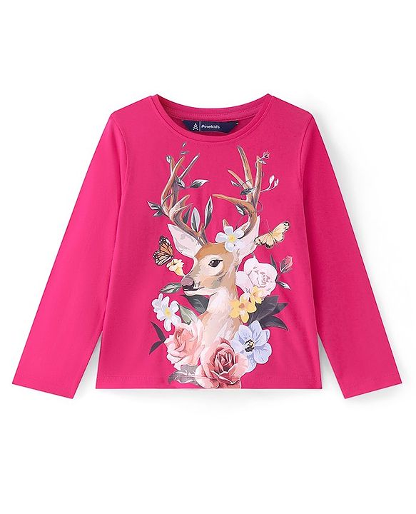 Pine Kids Cotton Knit Full Sleeves T-Shirt With Floral Print- Pink