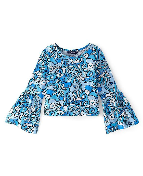 Pine Kids Cotton Knit Bell Sleeves Floral Printed Top - Multicolour