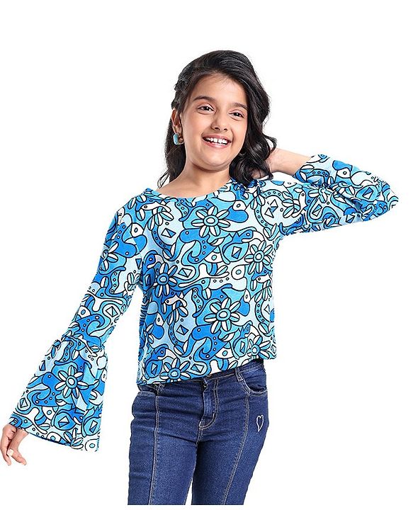 Pine Kids Cotton Knit Bell Sleeves Floral Printed Top - Multicolour