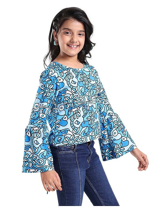 Pine Kids Cotton Knit Bell Sleeves Floral Printed Top - Multicolour