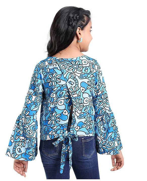 Pine Kids Cotton Knit Bell Sleeves Floral Printed Top - Multicolour