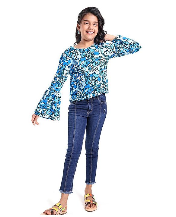 Pine Kids Cotton Knit Bell Sleeves Floral Printed Top - Multicolour