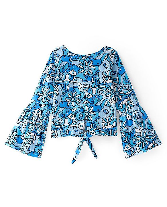 Pine Kids Cotton Knit Bell Sleeves Floral Printed Top - Multicolour