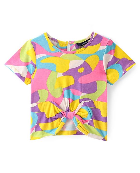Pine Kids Cotton Knit Half Sleeves Abstract Printed Knotted Top - Multicolour