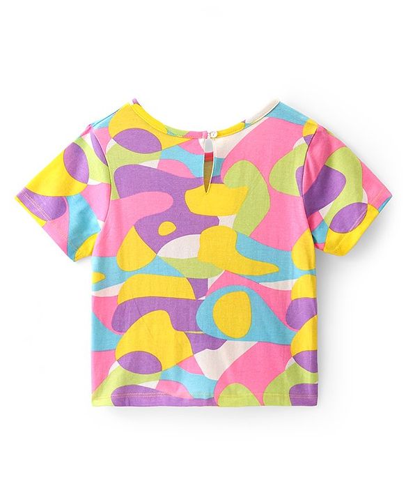 Pine Kids Cotton Knit Half Sleeves Abstract Printed Knotted Top - Multicolour