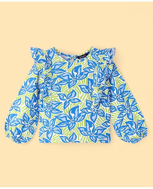Pine Kids Cotton Knit Full Sleeves Top with Frill Detailing Leaf Print - Multicolour