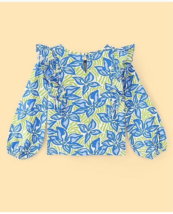 Pine Kids Cotton Knit Full Sleeves Top with Frill Detailing Leaf Print - Multicolour