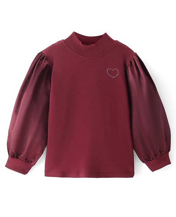 Pine Kids Cotton Knit Full Sleeves Turtle Neck Solid Color Top with Beads Detailing - Red