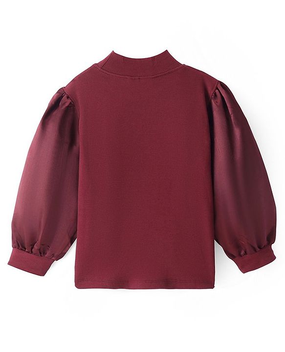 Pine Kids Cotton Knit Full Sleeves Turtle Neck Solid Color Top with Beads Detailing - Red