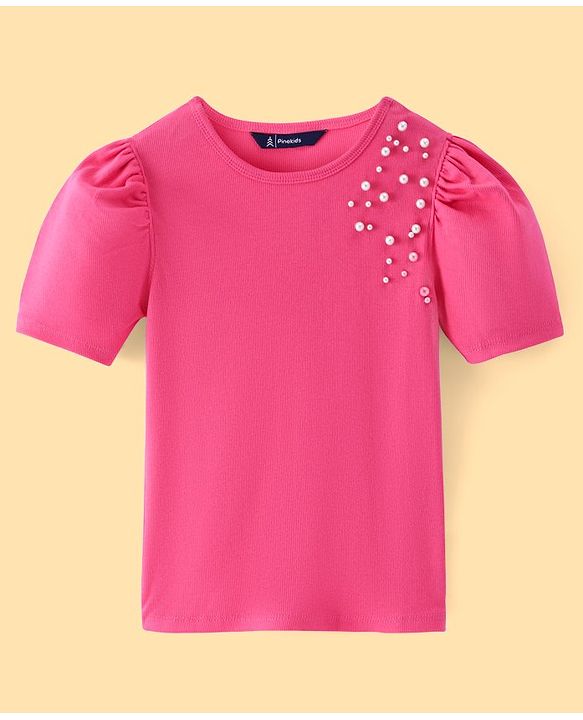 Pine Kids Cotton Rib Puff Sleeves Pearl Embellished Solid Top - Hot Pink