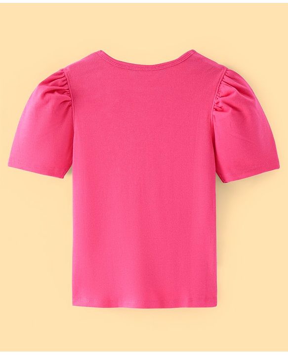 Pine Kids Cotton Rib Puff Sleeves Pearl Embellished Solid Top - Hot Pink
