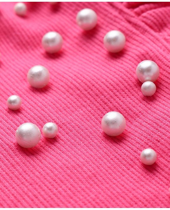 Pine Kids Cotton Rib Puff Sleeves Pearl Embellished Solid Top - Hot Pink