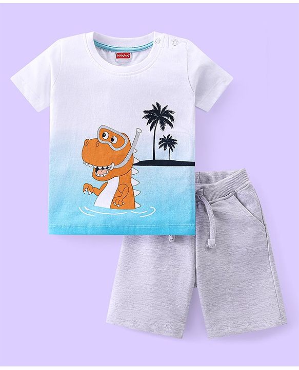 Babyhug Cotton Knit Half Sleeves T-Shirt & Shorts Set With Crocodile Print - White