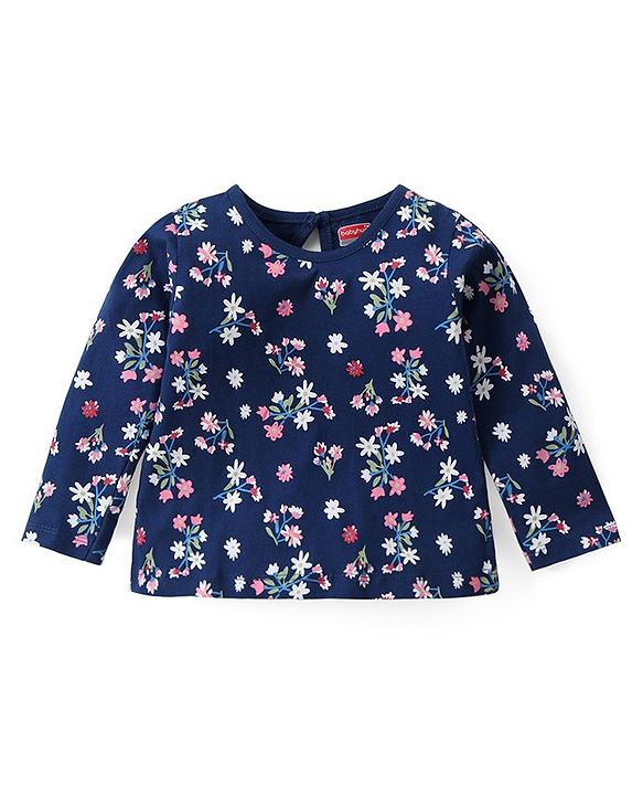 Babyhug Cotton Knit Full Sleeves Floral Printed T-Shirt - Navy Blue