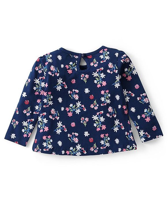 Babyhug Cotton Knit Full Sleeves Floral Printed T-Shirt - Navy Blue