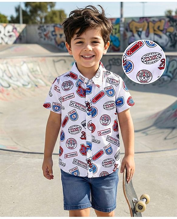 Babyhug Cotton Woven Half Sleeves Shirt & Denim Shorts Set with Text Print - Multicolour