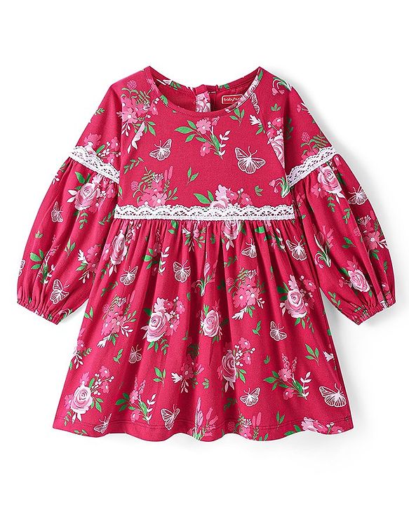 Babyhug Single Jersey Knit Full Raglan Sleeves Frock with Floral Print & Lace Detailing- Dark Red
