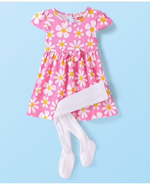 Babyhug Single Jersey Knit Half Cap Sleeves Floral Printed Frock with Leggings & Bow Applique - Pink