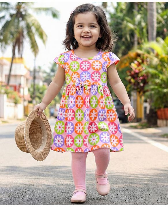 Babyhug Single Jersey Knit Half Sleeves Floral Print Frock With Leggings - Pink