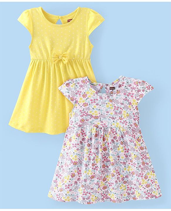 Babyhug Single Jersey Knit Cap Sleeves Frocks with Floral & Polka Dots Print Pack of 2 - Multicolour