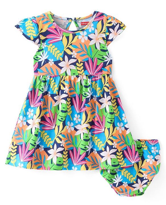 Babyhug Single Jersey Half Sleeves Frock with Bloomer Floral Print - Light Blue