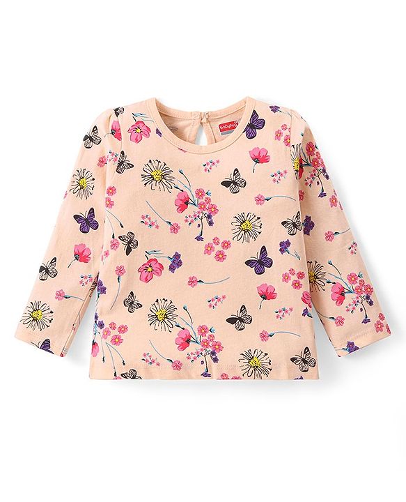 Babyhug Cotton Knit Full Sleeves Top With Floral Print - Pink
