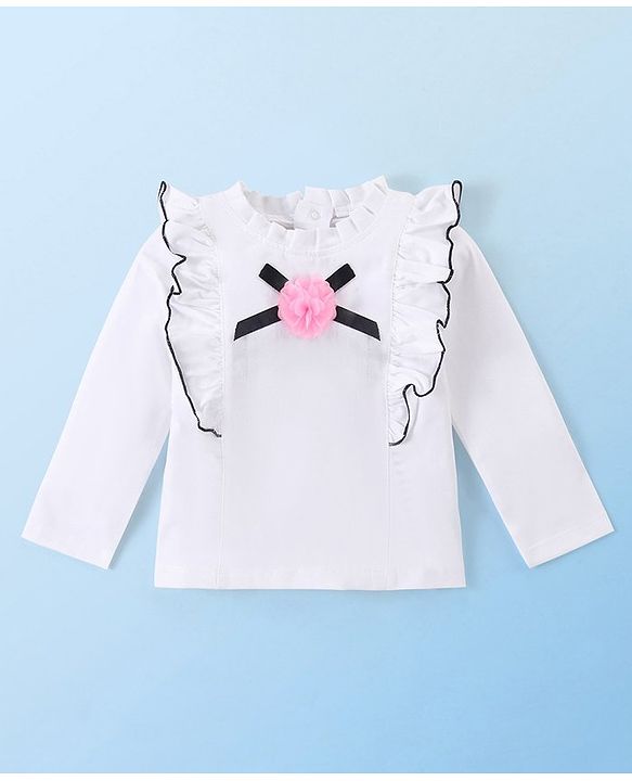 Babyhug Cotton Knit Full Sleeves  Winter Top With Frill & Floral Applique - White